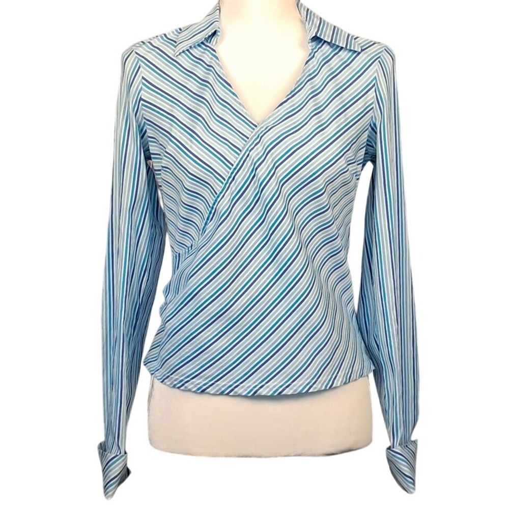 KYE S Korean Designer Blue Striped Wrap Blouse Long‎ Sleeve Swarovski Crystal